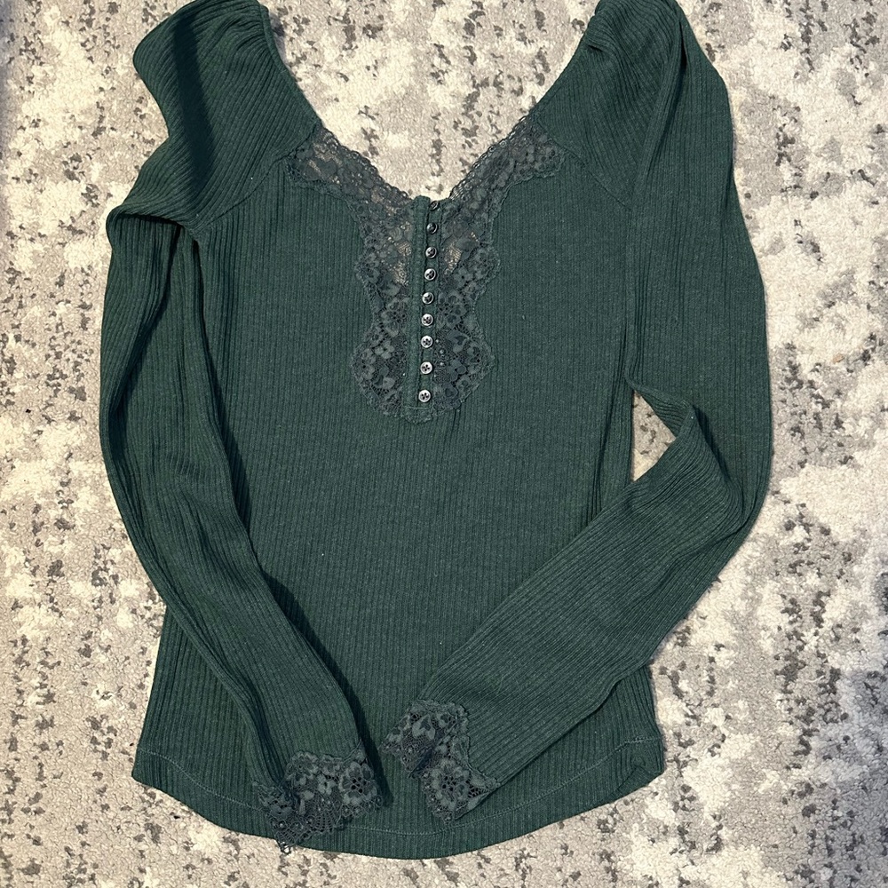 NWT Free People forest green lace top
